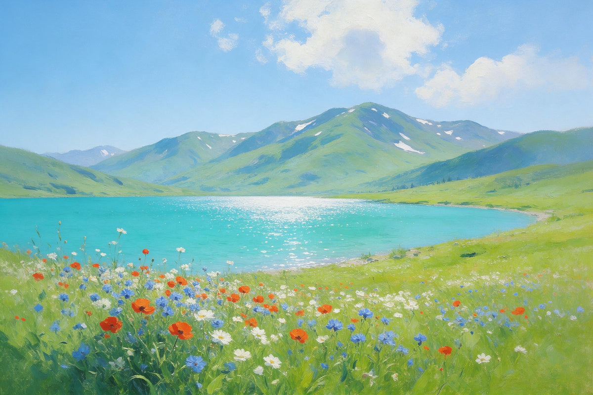 Türkiser Bergsee hinter einer Wiese mit Mohn und Kornblumen als Wandtuch, auf Stoff gedruckt – sonniges Grün und Himmelblau