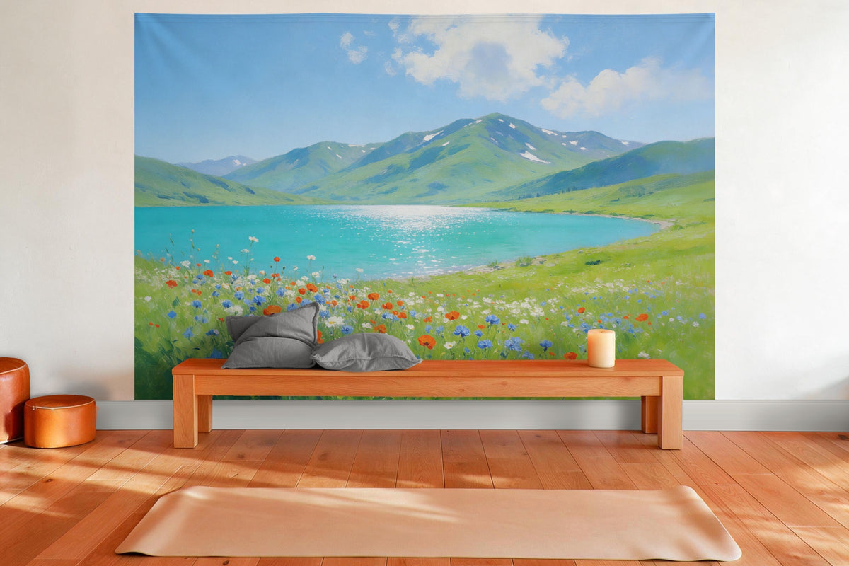 Wall decor in a yoga room: printed fabric tapestry Mountain Lake with Summer Flowers