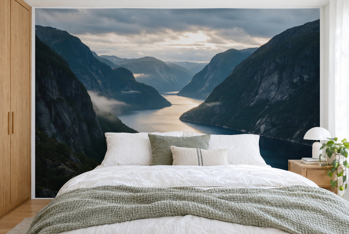 Large wall hanging Fjord in Evening Light in the bedroom, wall-filling behind the bed – printed tapestry