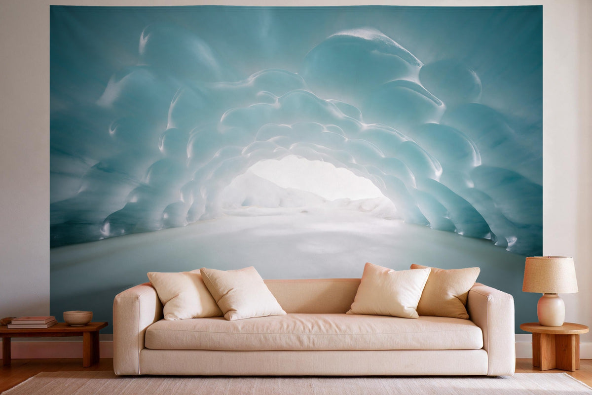 Tapiz de pared XXL Cueva de glaciar de hielo azul como decoración en un salón luminoso sobre el sofá