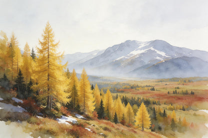 Goldene Lärchen links am Hang über dem Herbsttal, rechts verschneite Berge, als Wandtuch, auf Stoff gedruckt – Gold und Blau
