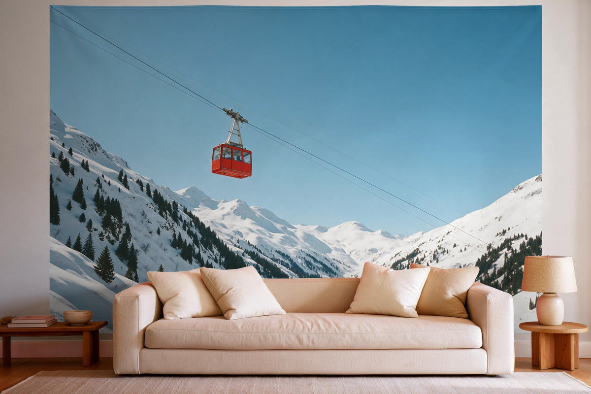 Tenture murale XXL Cabine de téléphérique rouge au-dessus de la vallée en déco murale dans un salon lumineux au-dessus du canapé