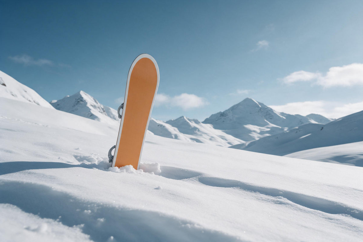 Orange snowboard stuck in deep snow in front of snowy peaks, tapestry printed on fabric – white, ice blue and orange