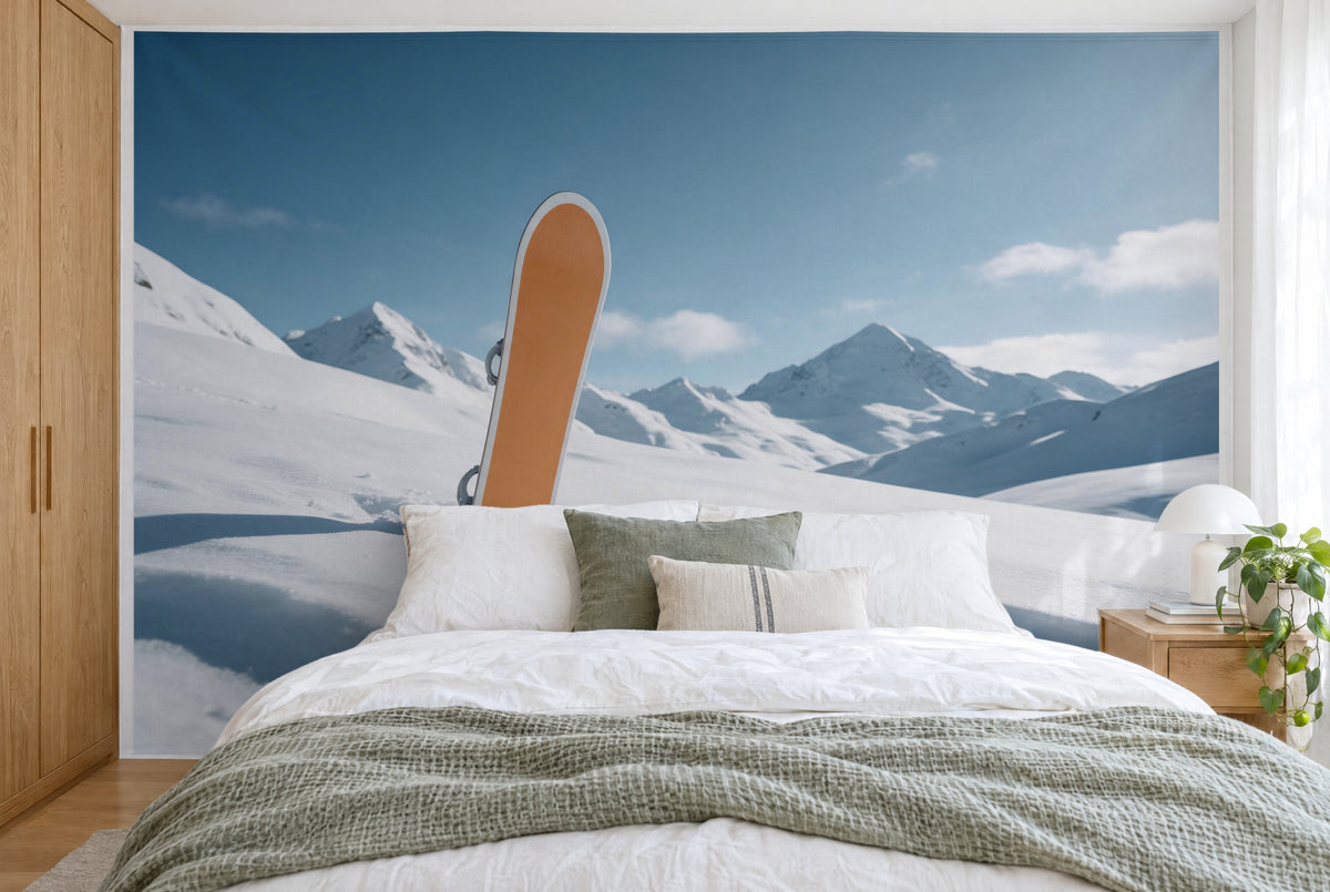 XXL printed fabric: orange snowboard left of center in deep snow in front of peaks, filling the wall behind the bed