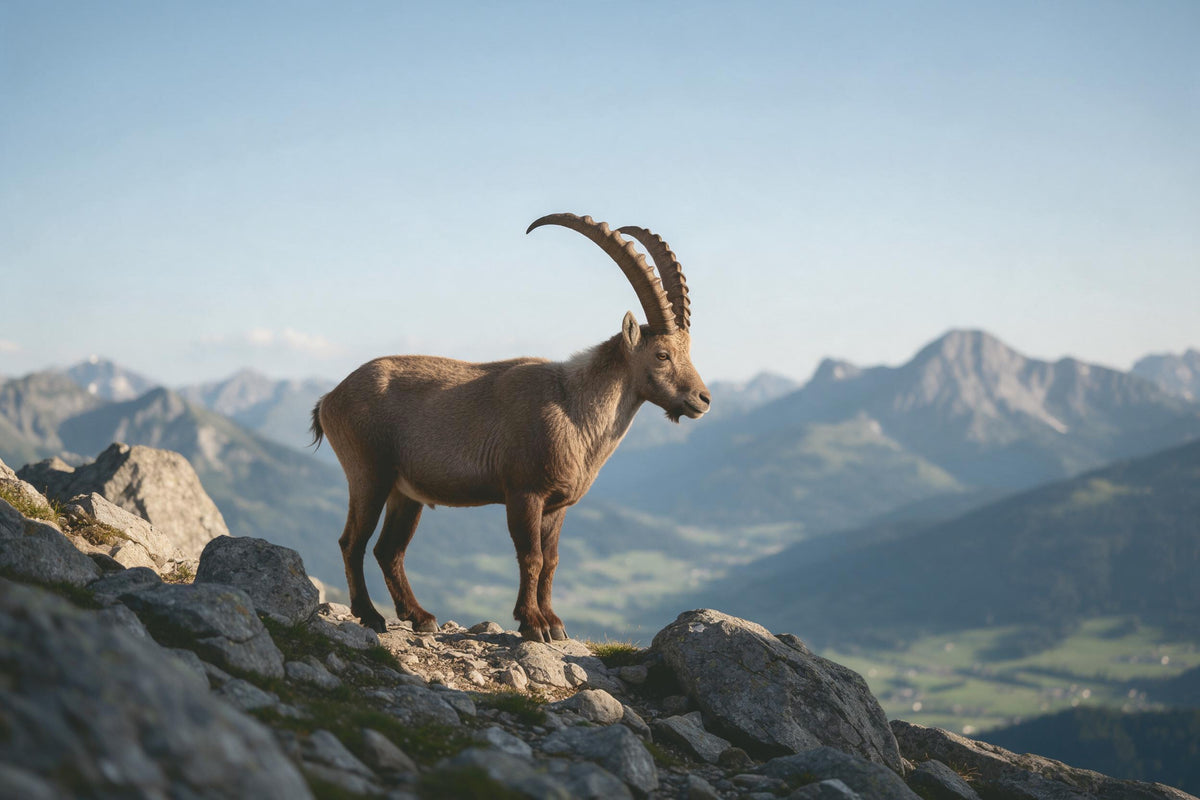 Steinbock mit langen geschwungenen Hörnern auf einem Felsgrat über grünen Tälern, als Wandtuch, auf Stoff gedruckt – Braun