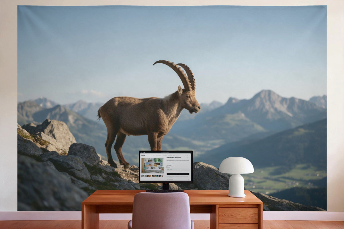 Wall decor in a home office behind the desk: printed fabric tapestry Ibex on the Rocky Ridge