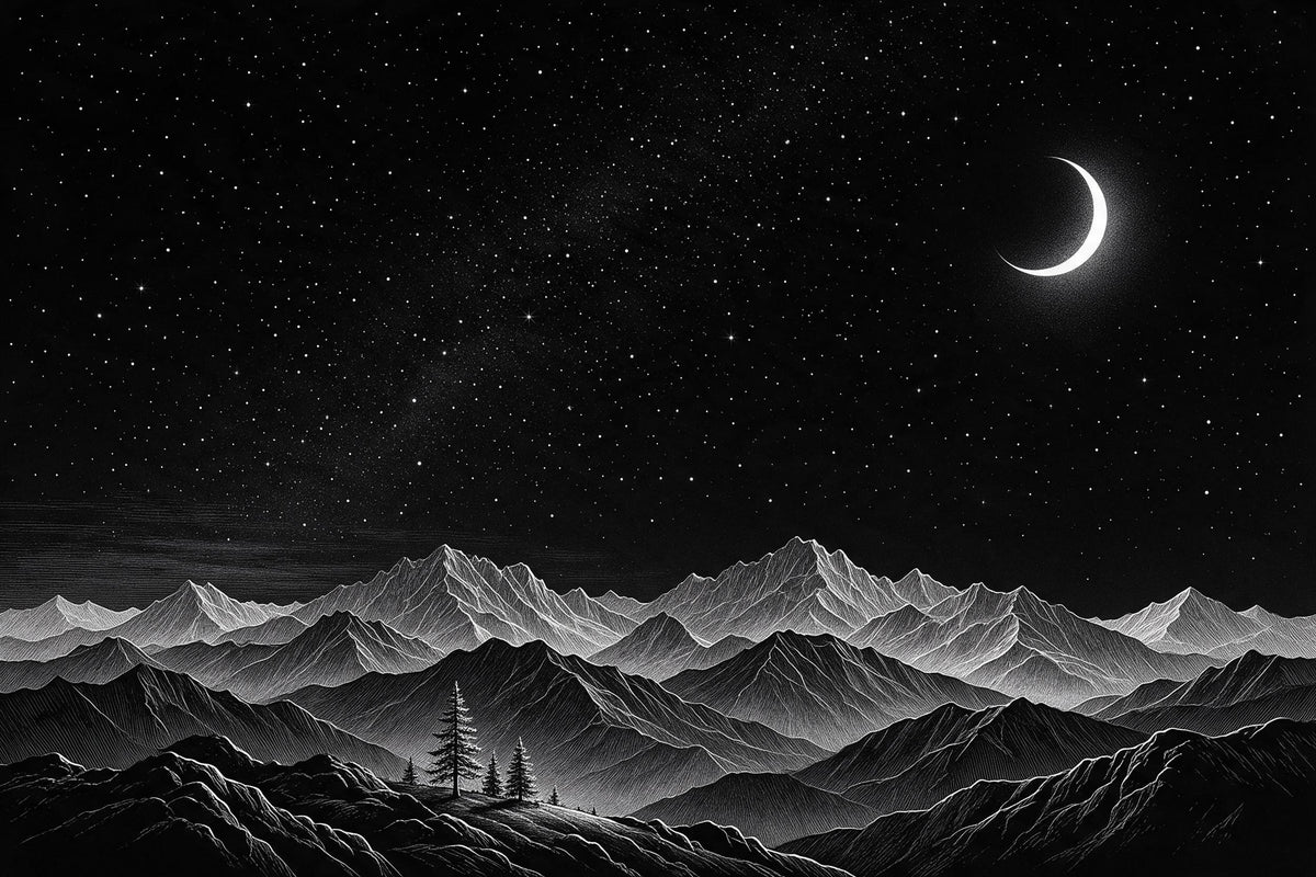 Nuit étoilée et croissant de lune sur un vaste massif en line art, tenture murale imprimée sur tissu – noir et blanc