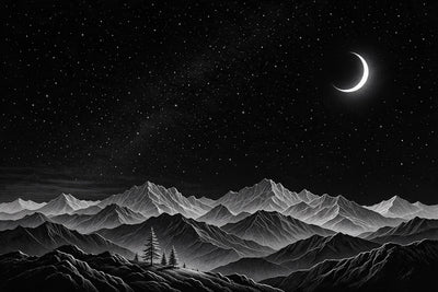 Sternennacht mit Mondsichel über einer weiten Bergkette in Line Art, als Wandtuch, auf Stoff gedruckt – Schwarz und Weiss