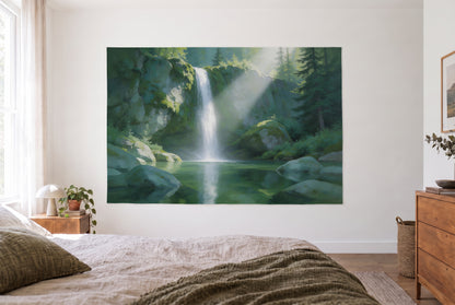 Tapiz Cascada en el bosque de montaña en el dormitorio claro frente a la cama, cómoda de madera a la derecha – verde y blanco
