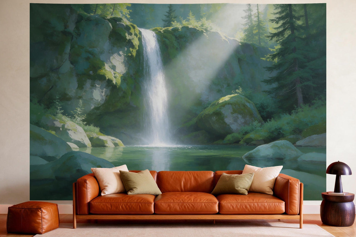 Tapiz de pared XXL Cascada en el bosque de montaña como decoración en un salón acogedor sobre el sofá de cuero