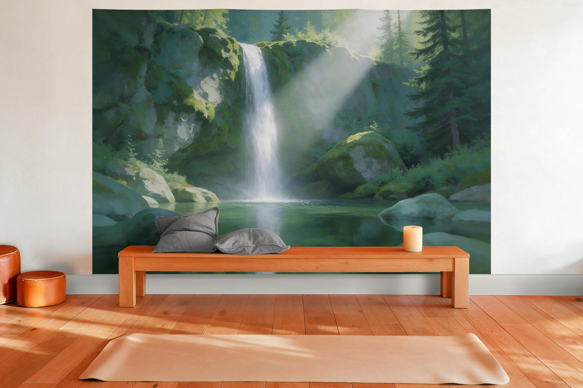 Decoración de pared en una sala de yoga: tapiz de tela Cascada en el bosque de montaña