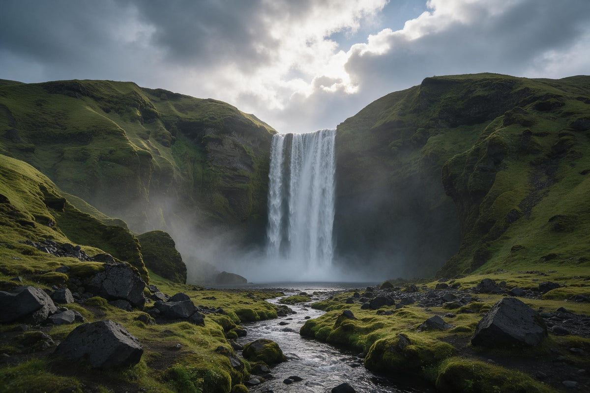Hoher Wasserfall zwischen moosgrünen Felswänden in Island, als Wandtuch, auf Stoff gedruckt – Grün und Grau