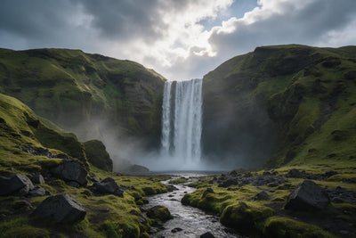 Hoher Wasserfall zwischen moosgrünen Felswänden in Island, als Wandtuch, auf Stoff gedruckt – Grün und Grau
