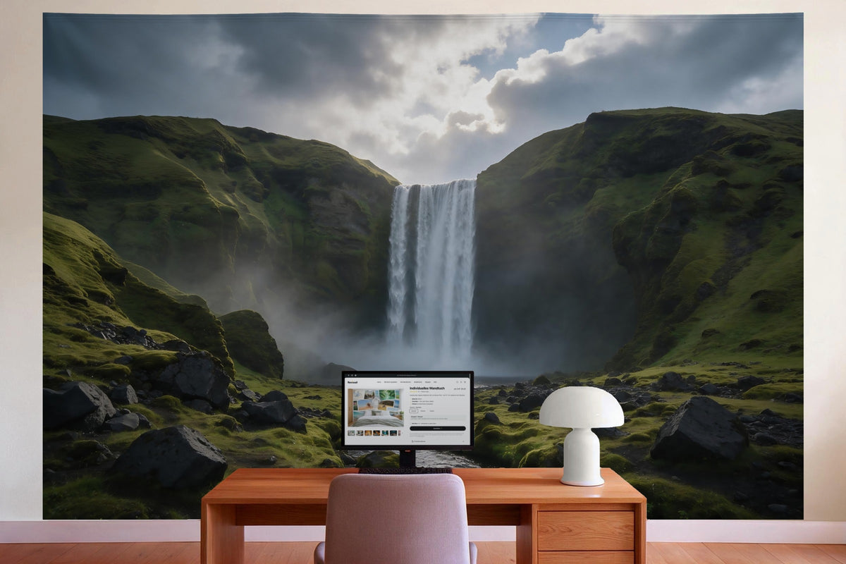 Wanddeko im Büro hinter dem Schreibtisch: Wandtuch Wasserfall in Island, auf Stoff gedruckt