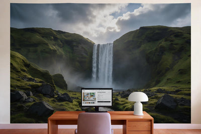 Wanddeko im Büro hinter dem Schreibtisch: Wandtuch Wasserfall in Island, auf Stoff gedruckt
