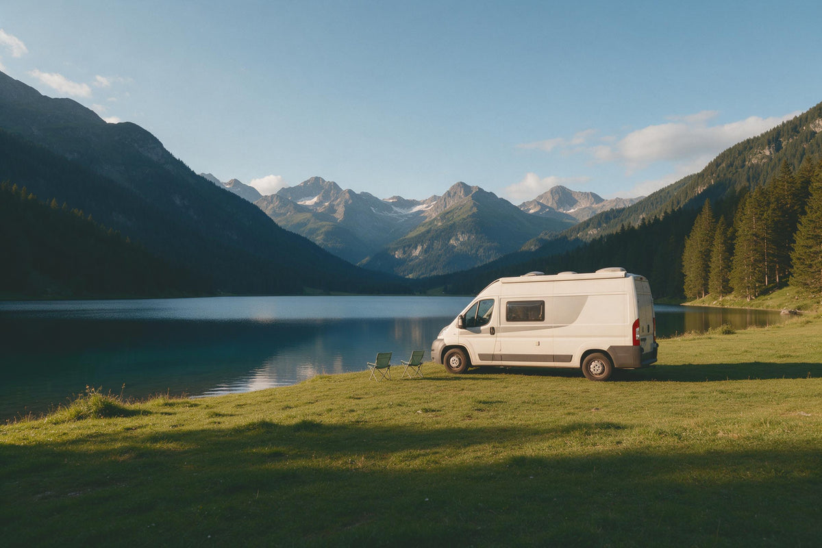 White camper van on the shore meadow at right, still mountain lake before peaks, tapestry printed on fabric – green and blue