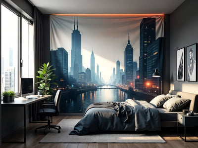 Wandtuch nächtliche Grossstadt-Skyline im dunklen Jugendzimmer über Bett und Schreibtisch – kühles Grau mit Lichtern