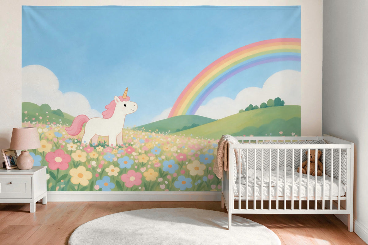 Decoración de pared en la habitación del bebé sobre la cuna: tapiz de tela con unicornio bajo el arcoíris