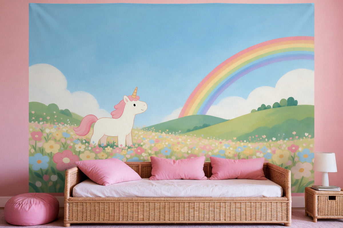 Tapiz de pared XXL con unicornio bajo el arcoíris como decoración en un dormitorio de niña