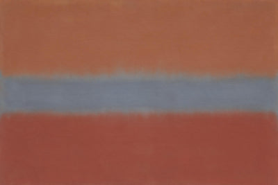 Champs de couleur abstraits terre cuite et rouille, bande gris-bleu au milieu, tenture murale imprimée sur tissu