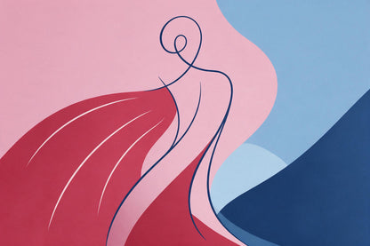 Silhouette féminine abstraite en lignes fluides rose, rouge et bleu, tenture murale imprimée sur tissu