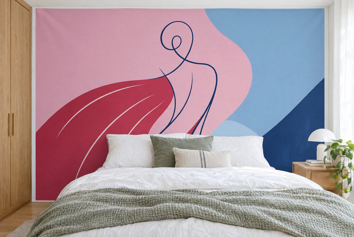 Tissu imprimé XXL : silhouette féminine abstraite en lignes et aplats, mur entier derrière le lit