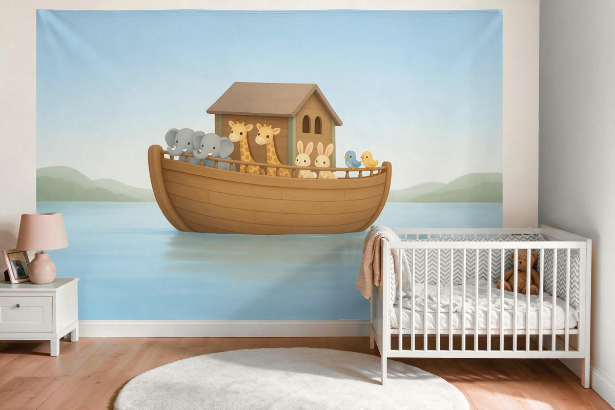 Wandtuch XXL Arche mit Tierpaaren als Wanddeko im Babyzimmer über dem Babybett