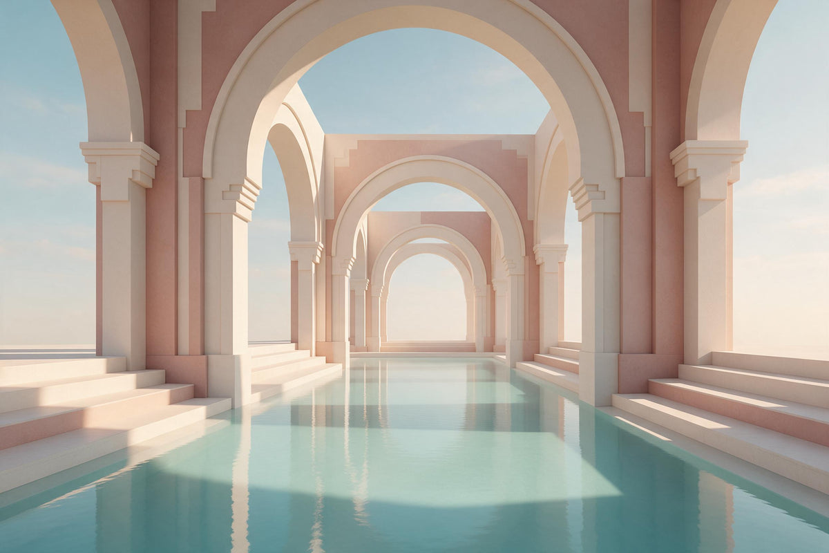 Arcos Art Déco en rosa y blanco sobre piscina turquesa, tapiz impreso en tela – rosa y turquesa