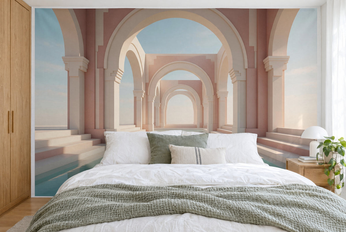 Tela impresa XXL: arcos Art Déco simétricos sobre piscina turquesa, llenando la pared tras la cama