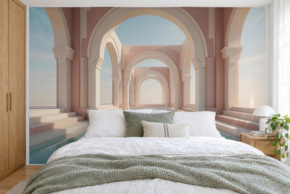 Tela impresa XXL: arcos Art Déco simétricos sobre piscina turquesa, llenando la pared tras la cama