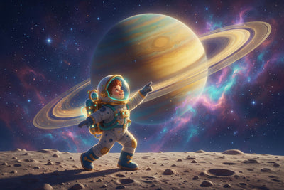 Jeune astronaute sur une lune à cratères, grande planète annelée, espace, tenture murale imprimée sur tissu – or et turquoise
