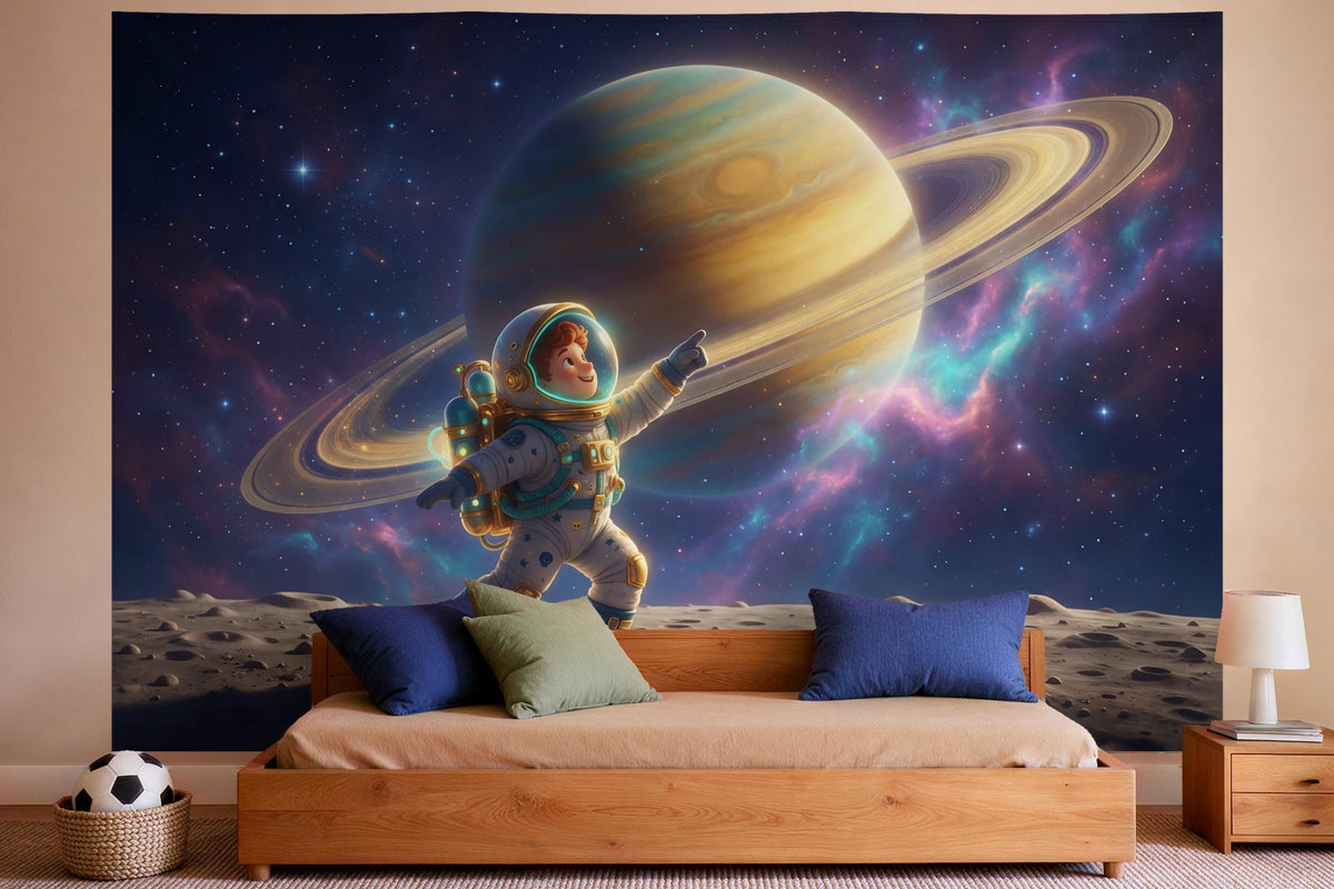 Tenture murale XXL Aventure spatiale : astronaute sur la lune en déco murale dans une chambre de garçon