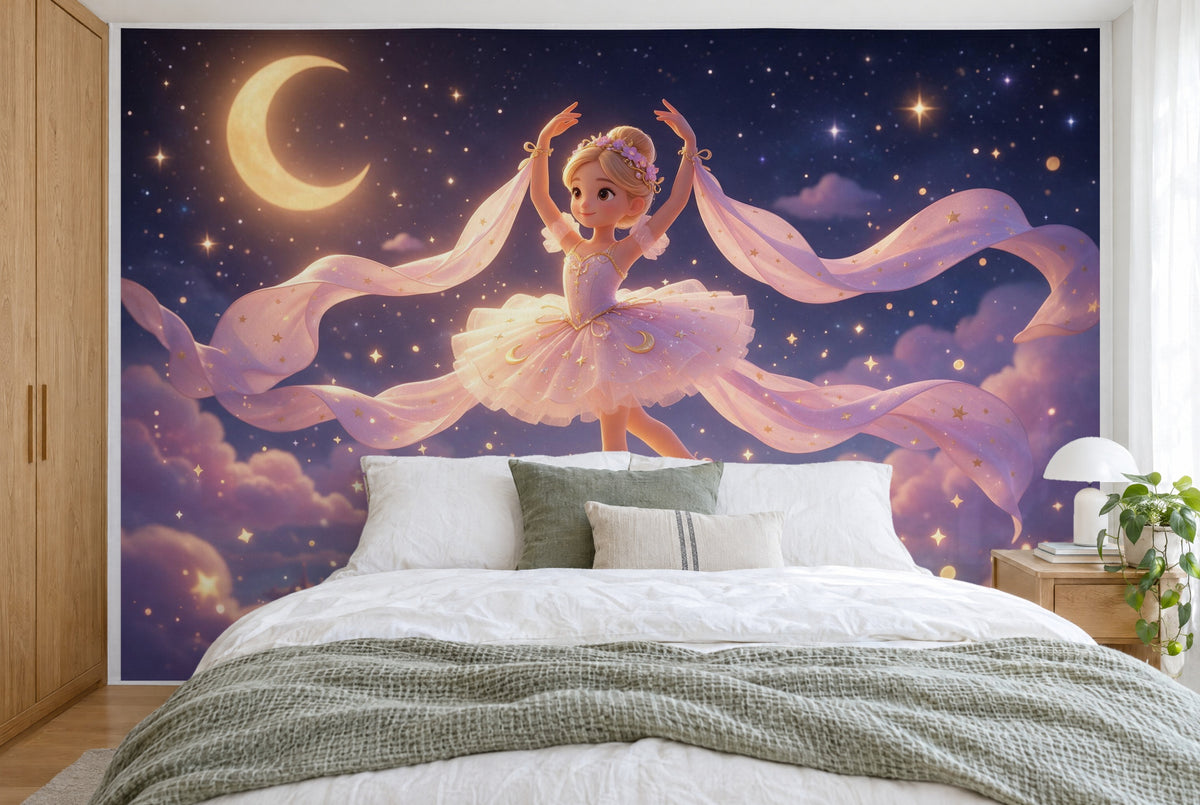 Tissu imprimé XXL : ballerine au centre avec voiles flottants, croissant de lune à gauche, mur entier derrière le lit