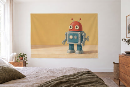Tapiz robot de hojalata retro, dormitorio claro frente a la cama, cómoda de madera a la derecha – amarillo y rojo