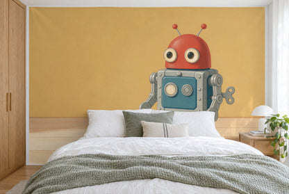 Tela impresa XXL: robot de hojalata a la derecha con cabeza roja y antenas sobre amarillo mostaza, pared entera tras la cama