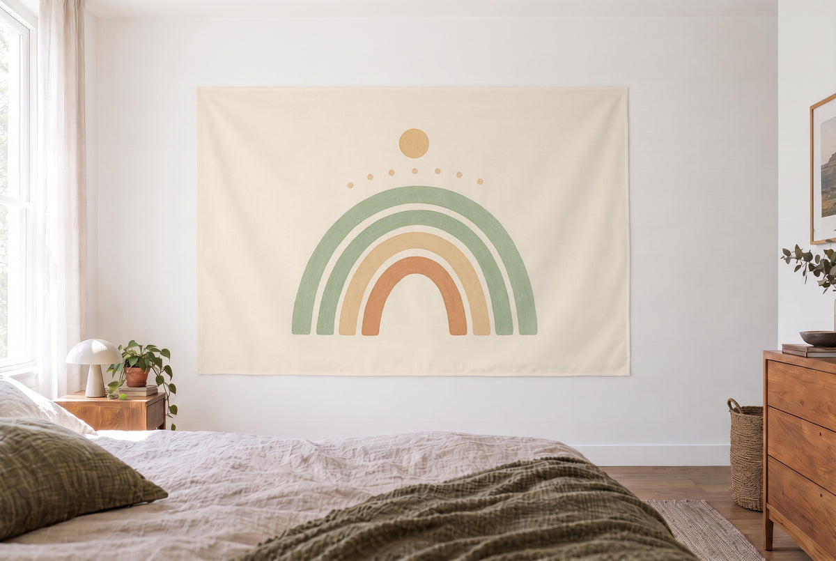 Boho arches with sun tapestry in the bright bedroom opposite the bed, wooden dresser at right – sage green and sand