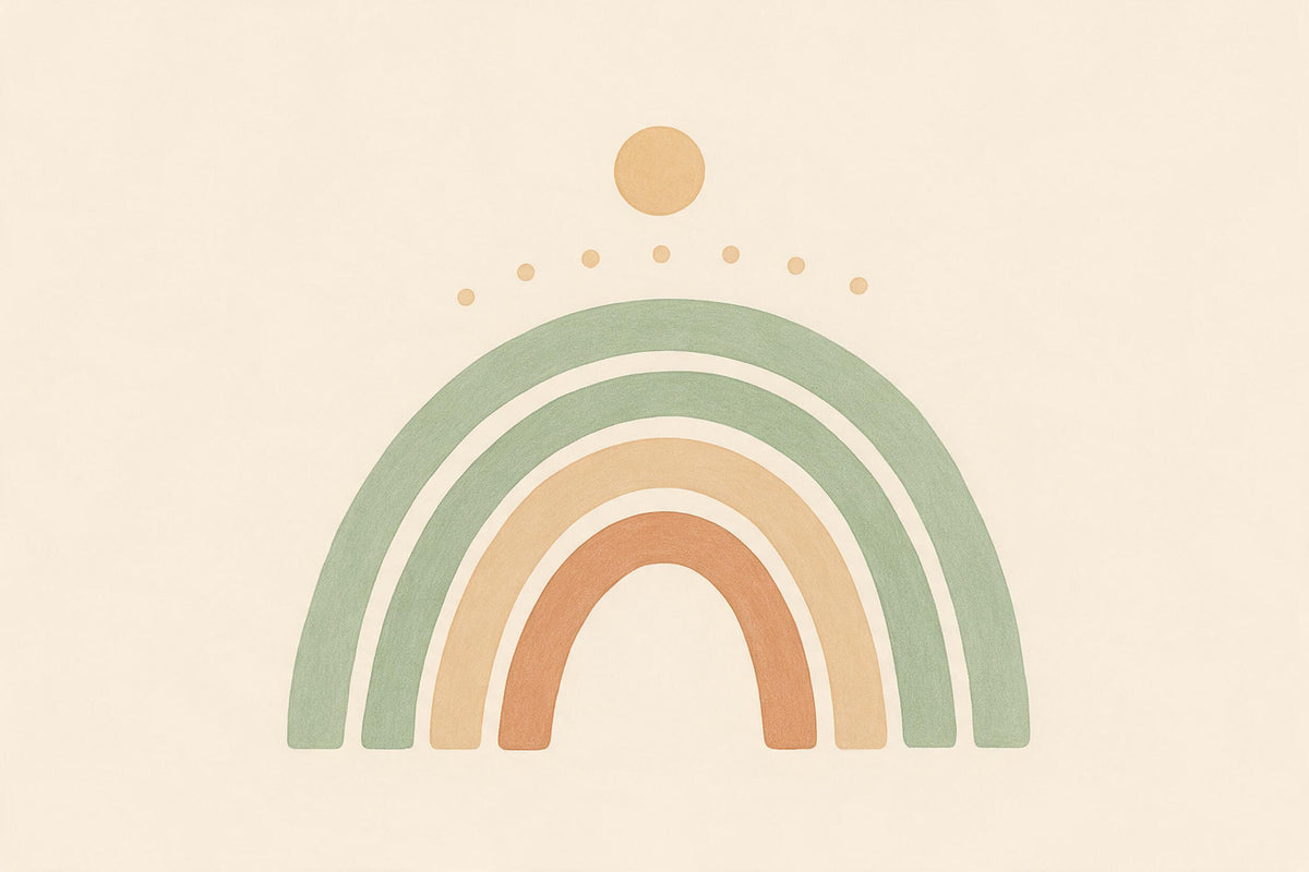 Boho arches in sage green, sand and terracotta beneath a small sun with dots, tapestry printed on fabric