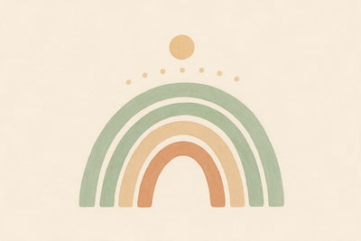 Boho arches in sage green, sand and terracotta beneath a small sun with dots, tapestry printed on fabric