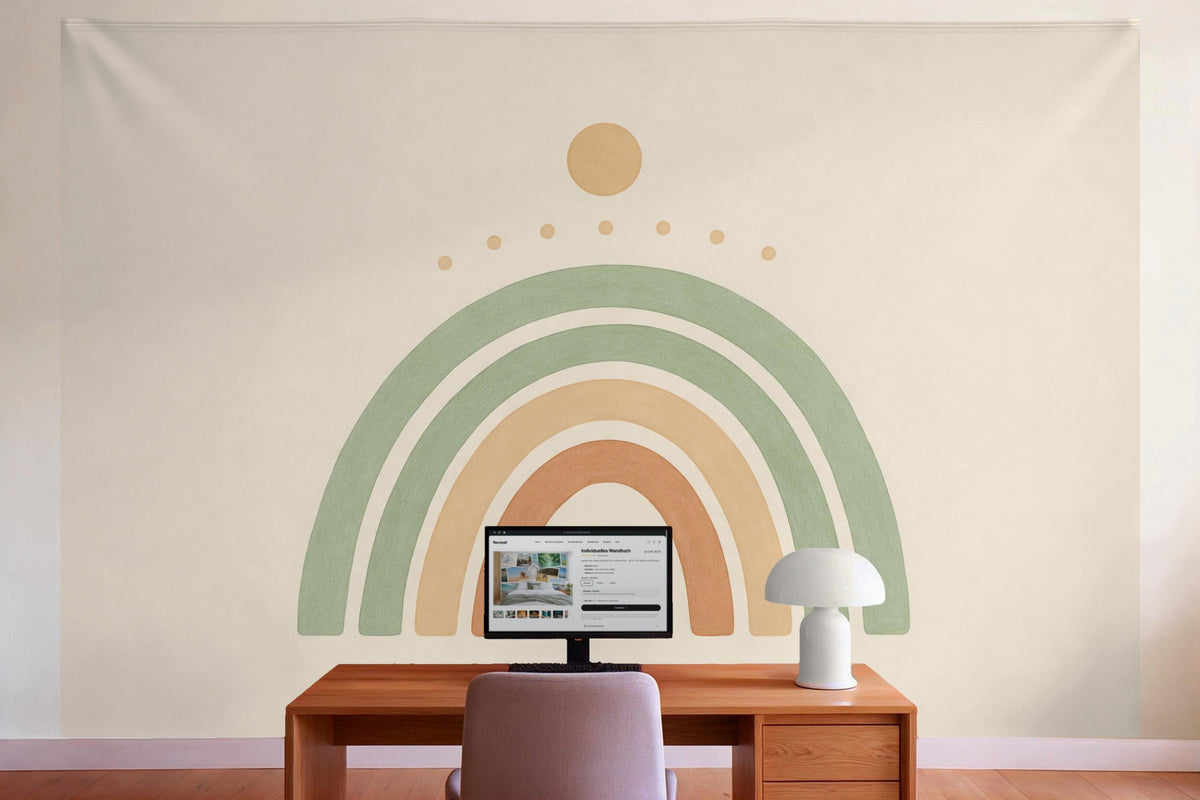 Wall decor in a home office behind the desk: printed fabric tapestry Boho Arches with Sun