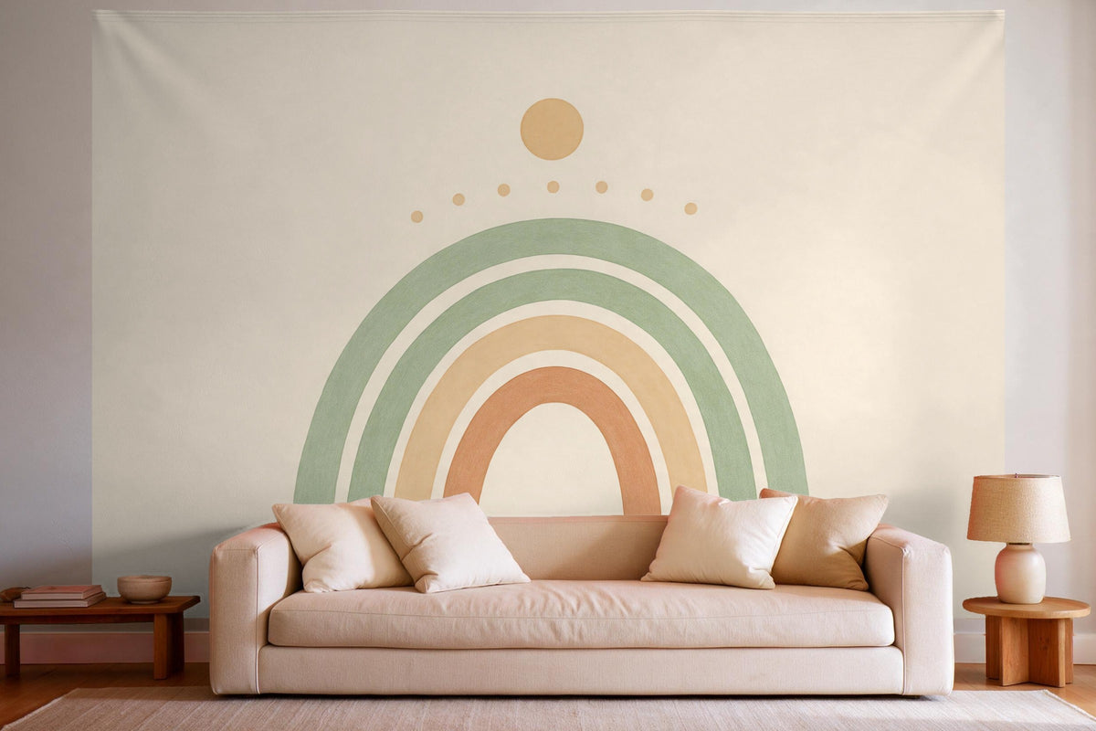 XXL wall tapestry Boho Arches with Sun as wall decor in a bright living room above the sofa