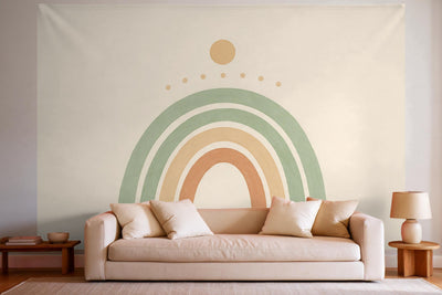 XXL wall tapestry Boho Arches with Sun as wall decor in a bright living room above the sofa