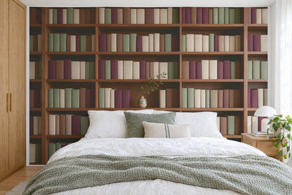 Tissu imprimé XXL : étagère en bois avec dos de livres et vase avec branche, mur entier derrière le lit