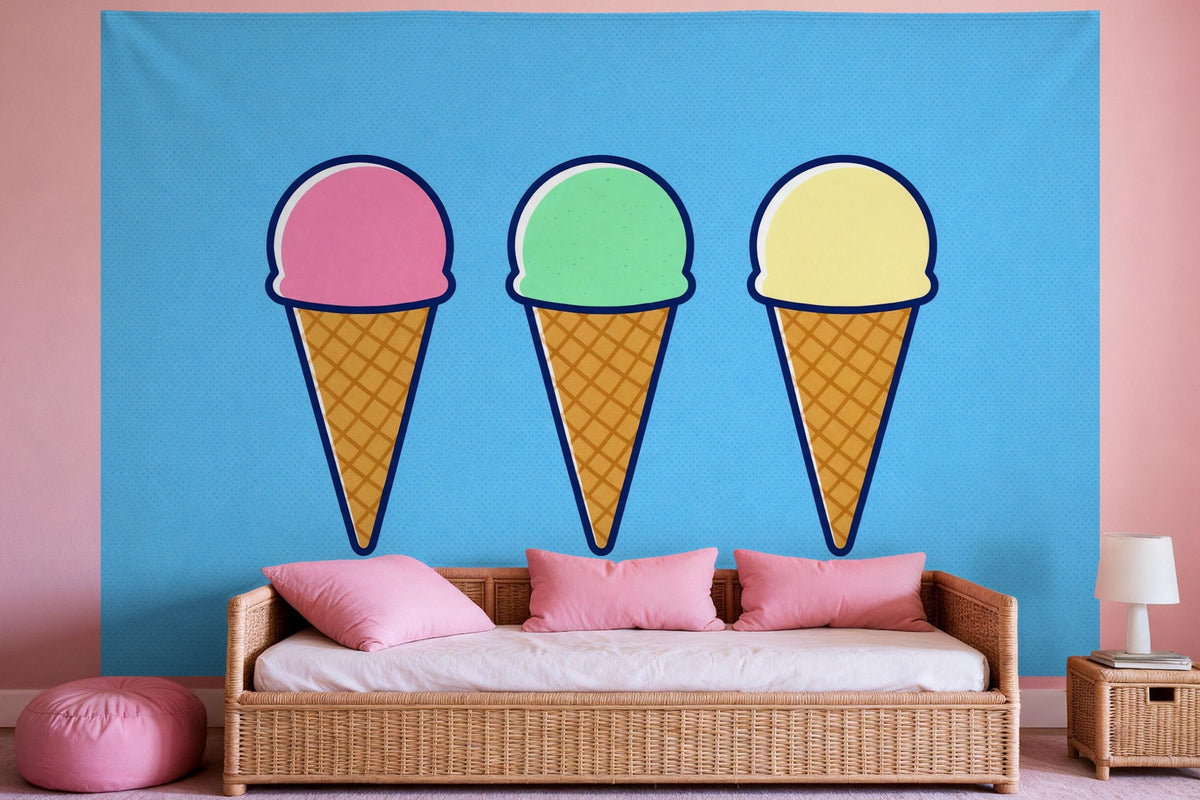XXL wall tapestry Colourful Ice Cream in Pop Art Style as wall decor in a girls' bedroom