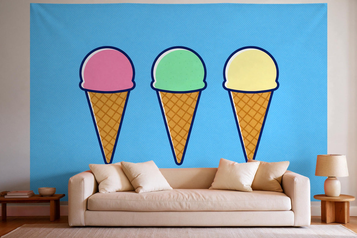 Wall decor in a bright living room above the sofa: printed fabric tapestry Colourful Ice Cream in Pop Art Style