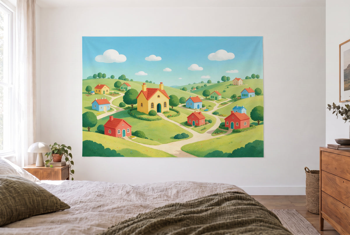 Wandtuch Bunte Häuserstadt auf grünen Hügeln im hellen Schlafzimmer gegenüber dem Bett, rechts eine Holzkommode – Grün