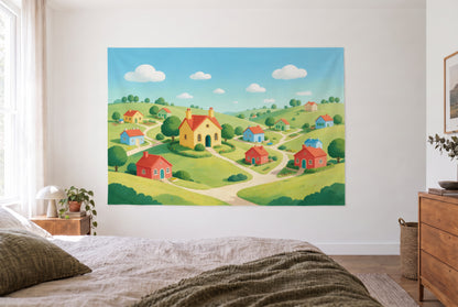 Wandtuch Bunte Häuserstadt auf grünen Hügeln im hellen Schlafzimmer gegenüber dem Bett, rechts eine Holzkommode – Grün