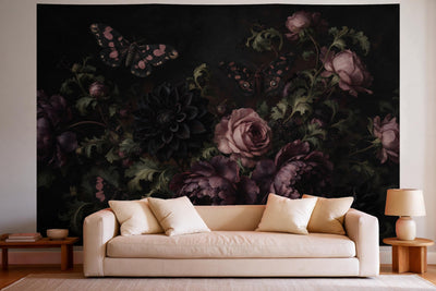 Wall decor in a bright living room above the sofa: printed fabric tapestry Dark Botanical with Moths