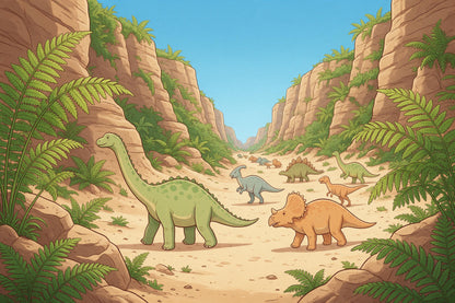 Dinosaurier-Parade durch Farnschlucht mit Farnen und klarem Himmel, als Wandtuch, auf Stoff gedruckt – Grün und Beige