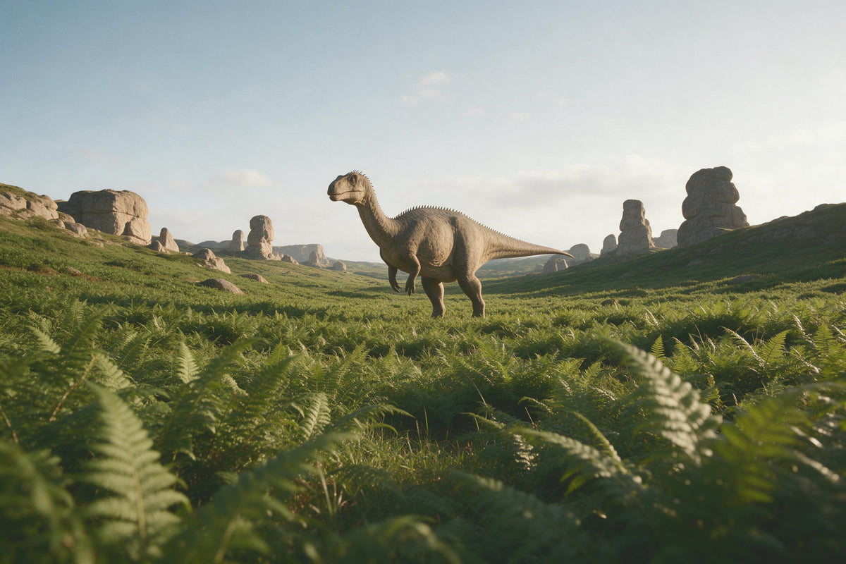 Dinosaurio entre helechos altos en un amplio valle, tapiz impreso en tela – verde y beige