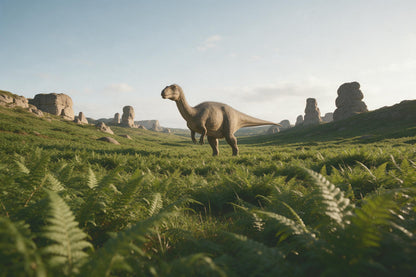Dinosaurio entre helechos altos en un amplio valle, tapiz impreso en tela – verde y beige